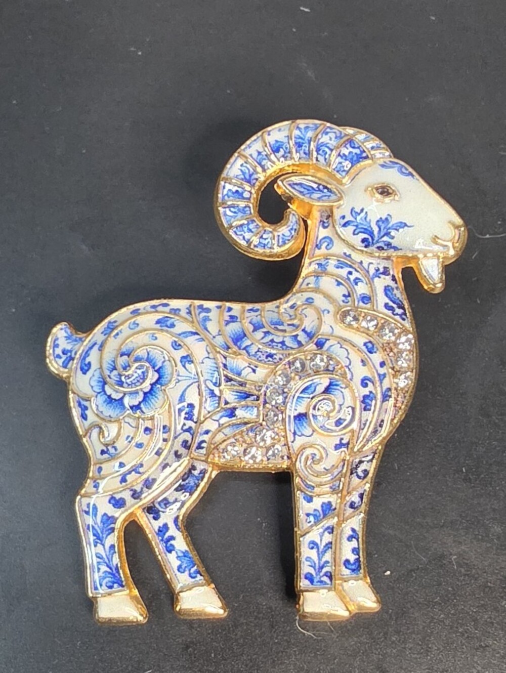 Blue and White Ram Brooch Accent with Gold Trim - Unbranded